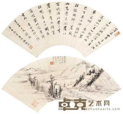 吴湖帆 冯超然 溪山图 书法 扇轴 51×19cm×2
